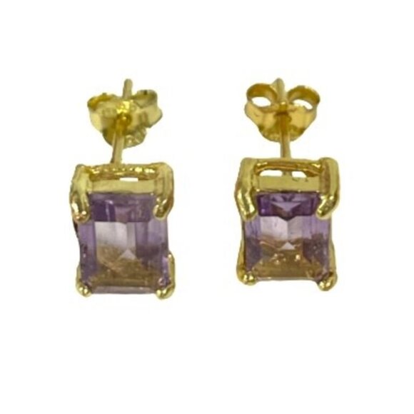 Genuine 2.48ct Emerald Cut Light Amethyst Stud Sterling Silver 14K GP Earrings - Picture 3 of 3